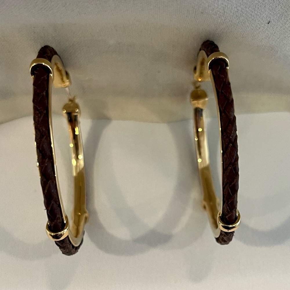 Vintage Anne Klein New York Leather and Gold Hoop Earrings.